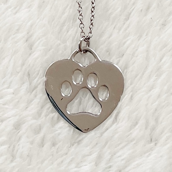 Vintage Jewelry - Sterling Silver 925 Paw Print Heart Necklace Dog Cat Lover Pet Memorial Gift 18”